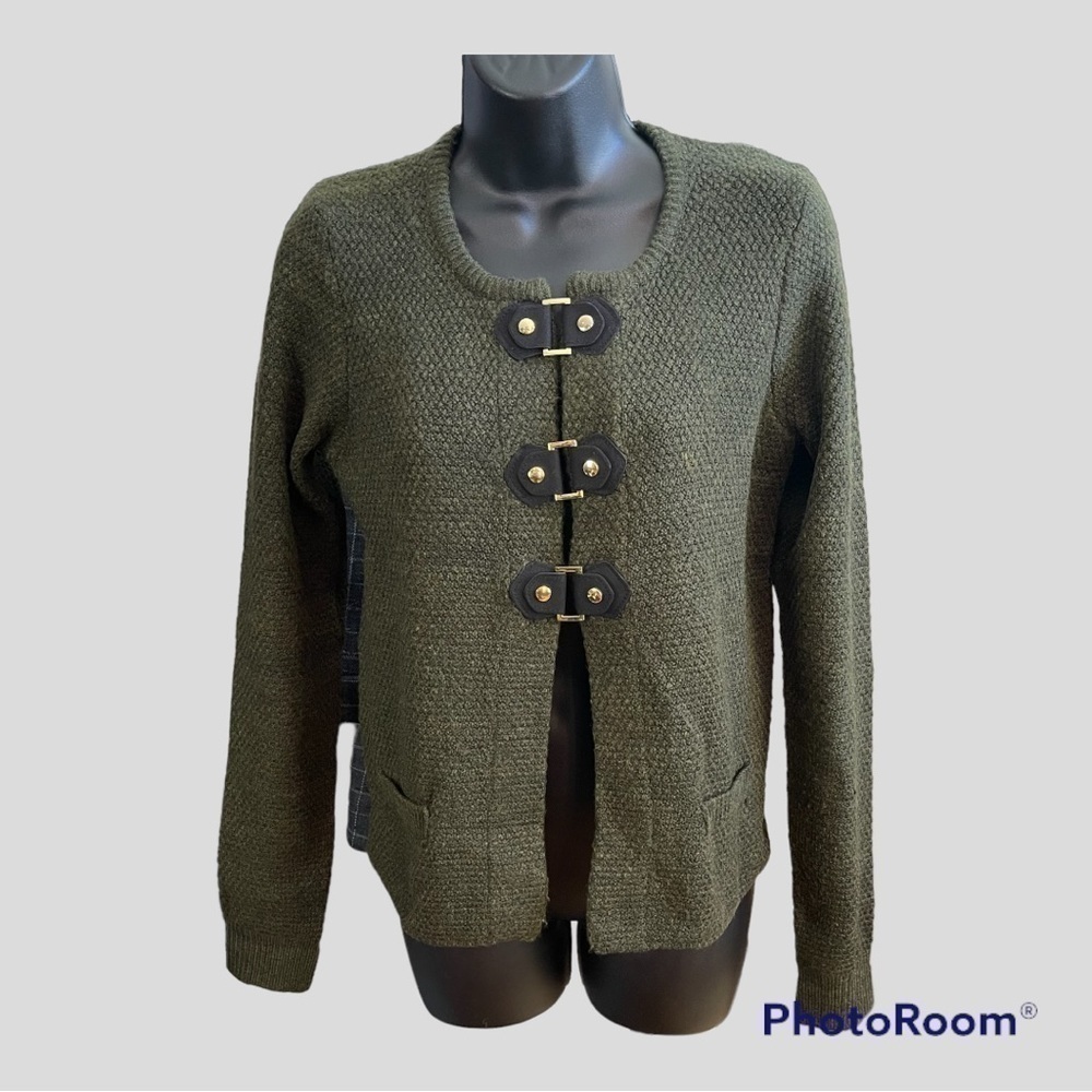 Cynthia Rowley army green boucle cardigan with buckles, size small.